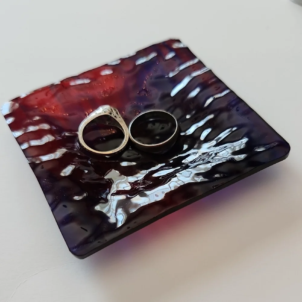 Pair Of Red and Purple Textured Glass Candle Holders Or Ring / Trinket Trays